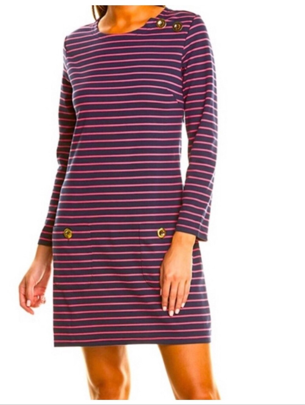 Sail To Sable STS Striped Long-Sleeve Shift Dress in Navy and Pink Large NEW 158
